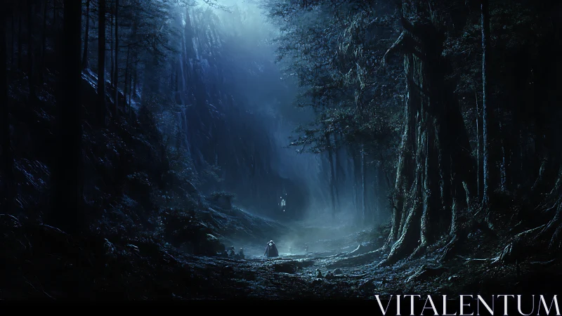 Lone traveler enters misty moonlit forest ravine at night.