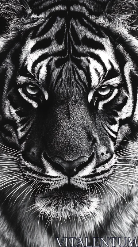 Soft stare of a monochrome tiger in quiet close-up focus.