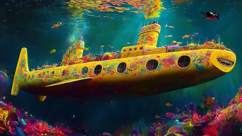 Vibrant yellow submarine gliding through neon coral reef waters.