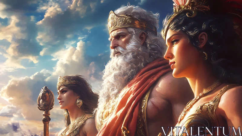 Mythic gods gaze across a storm-lit celestial horizon