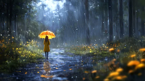 Backlit yellow umbrella contrasts against saturated rainy forest path