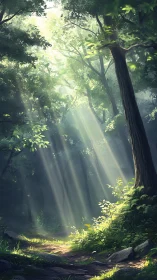 Volumetric Light Rays Through Dense Forest Canopy with Tall Tree Trunk