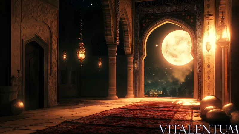 Golden moonlit palace corridor opens to an enchanted city