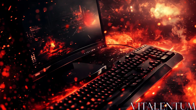 Gaming desktop burns within molten red digital inferno scene