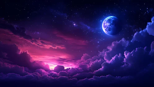 Vibrant cosmic sky with glowing moon above neon clouds.