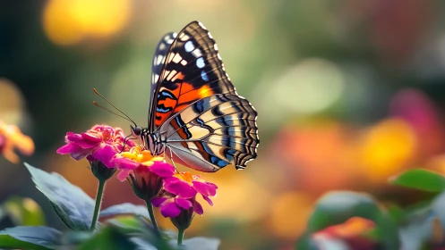Butterfly rests on vivid garden blossoms in soft bokeh light.