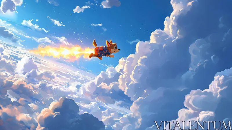 Cartoon rocket-dog soaring through luminous cumulonimbus sky