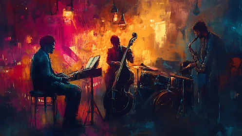 Soulful jazz quartet glowing in warm city night colors.