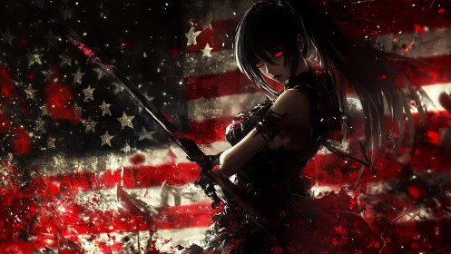 Dark anime warrior against distressed American flag backdrop.