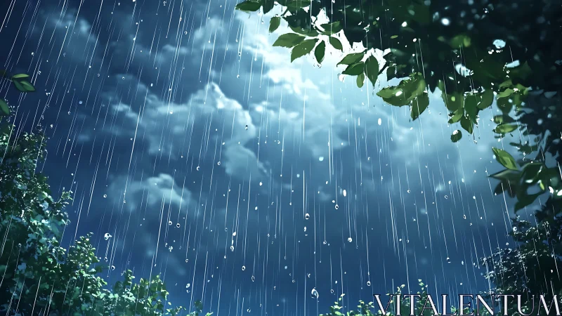 Nocturnal rainstorm rendered through luminous anime foliage