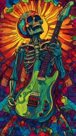 Psychedelic skeletal guitarist rendered in high-saturation contour lines