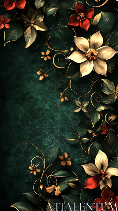 Jeweled Blooms Waltz on Deep Emerald Canvas.