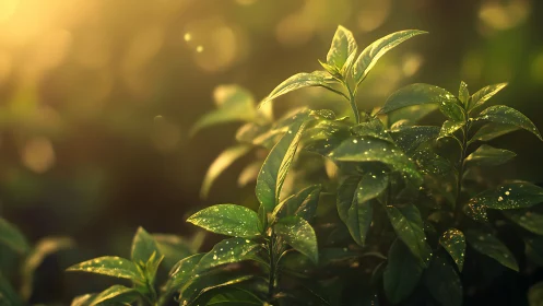 Green plant leaves with water droplets in warm backlight.