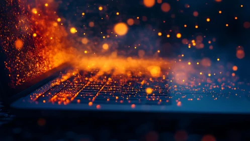 Data embers drift from a glowing laptop like digital fireflies