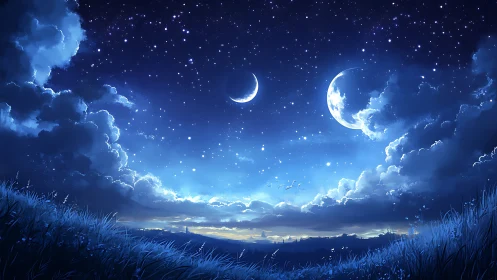 Dreamy twin moons rising over a peaceful starlit valley.