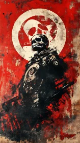 Skull-masked soldier rises against a blood-red battlefield sky.