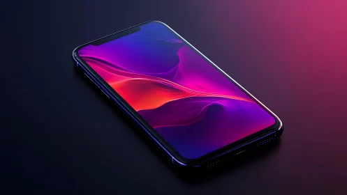 Modern smartphone on gradient surface with vibrant neon lighting.