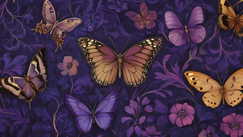 Midnight garden of storybook butterflies in violet hush.