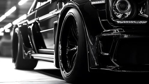 Low-angle close-up isolates widebody black coupe with high-gloss reflections