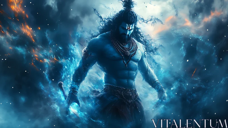 Mythic blue warrior emerges through swirling cosmic storm.