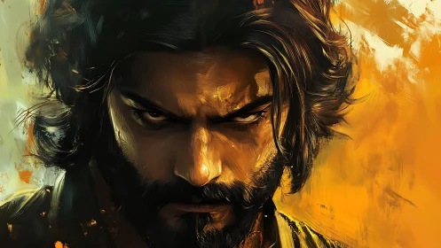 Intense bearded warrior portrait in molten amber light.