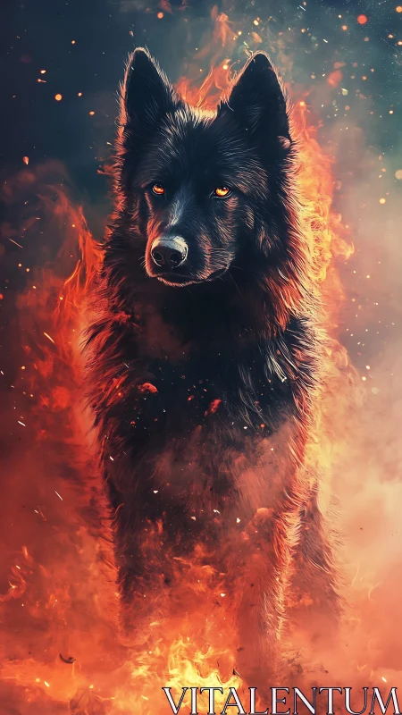Black wolf surrounded by intense flames and embers.