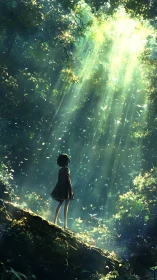 Forest child under cascading starlight sunbeams, quietly listening.