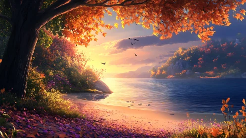 Golden autumn shoreline glows softly in the evening light