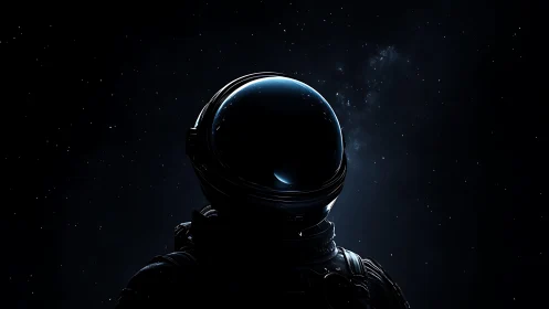Silhouetted astronaut in deep starfield with reflective visor.
