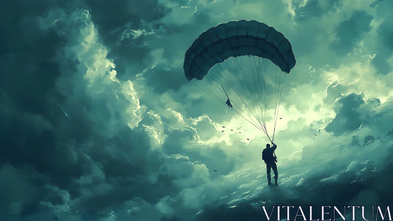 Parachutist landing against dramatic teal storm clouds.