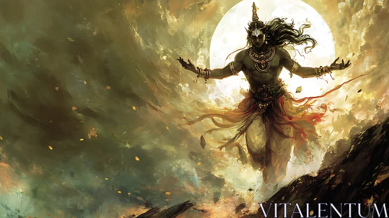 Moonlit storm god striding through swirling golden chaos.