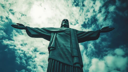 Statue of Christ with outstretched arms under cloudy sky