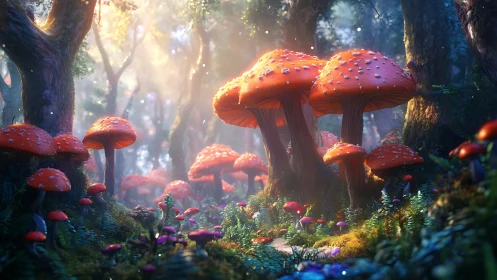 Clustered orange mushrooms fill dense forest clearing with light
