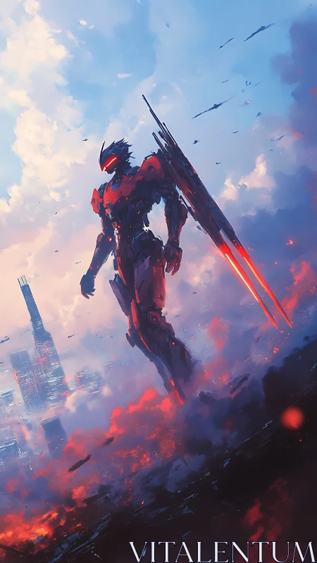 Crimson mecha sentinel strides above burning neon cityscape.