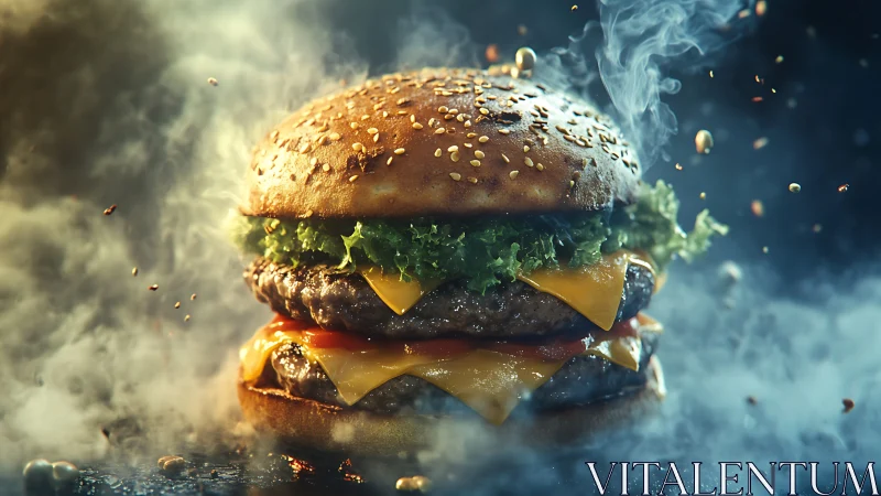 Stacked cheeseburger with steam, sesame bun, and lettuce.