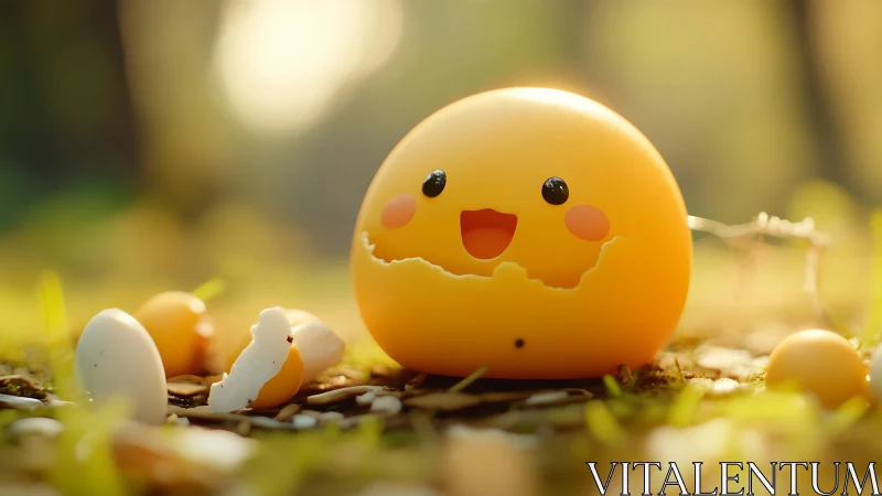 Spherical yellow character with broken shell outdoors.