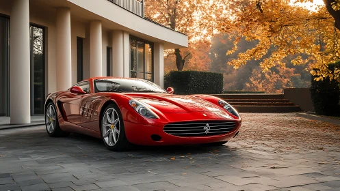 Aerodynamic red supercar framed by modern villa and foliage.