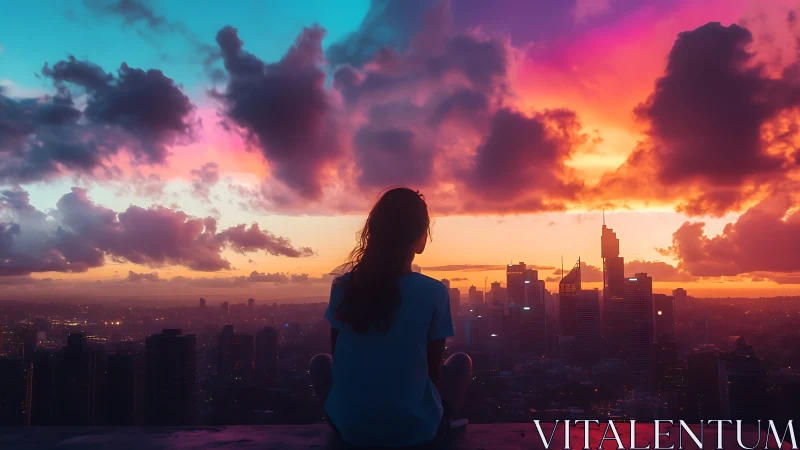 Solitary figure watching neon city sunset skyline panorama.