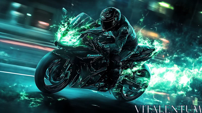 Neon storm rider rockets through liquid cyber city night.