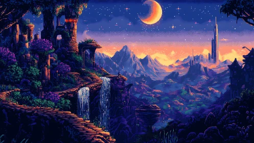 Pixel art fantasy valley uniting ruins, waterfalls and neon city