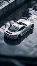 Silver futuristic sports car on wet urban rooftop.