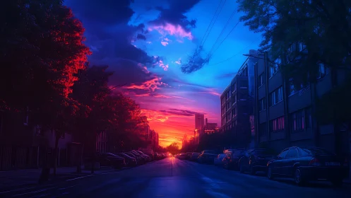 Neon dusk pours over a quiet city street in cinematic glow.