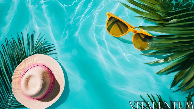 Straw hat and sunglasses by bright turquoise pool.