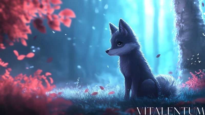 Moonlit forest foxling waits in a drifting petal hush.