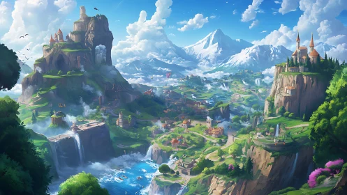 Sky-brushed kingdoms drift between waterfalls and white peaks