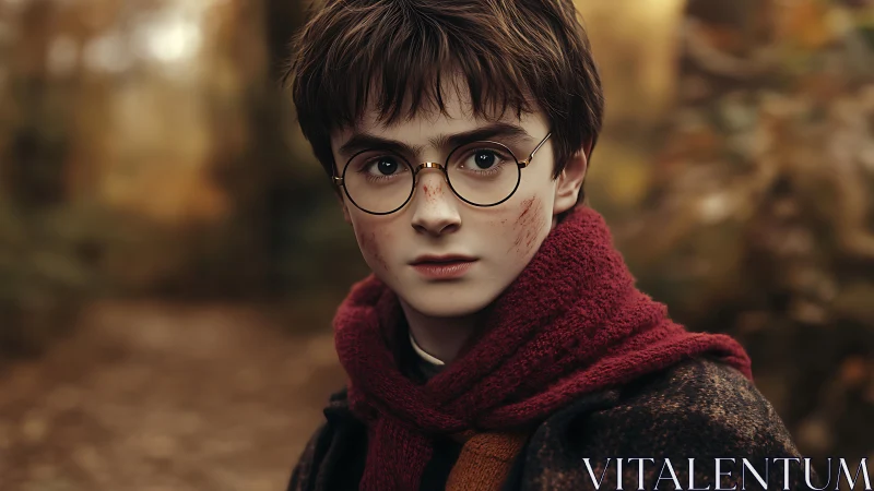 Young boy in red scarf within softly blurred autumn woods.