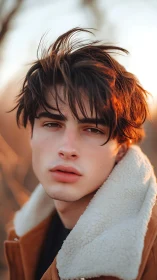 Young person in brown shearling jacket under warm light