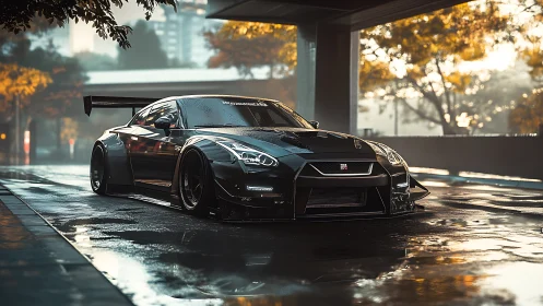 Low-slung black GT-R on wet city street at sunrise.