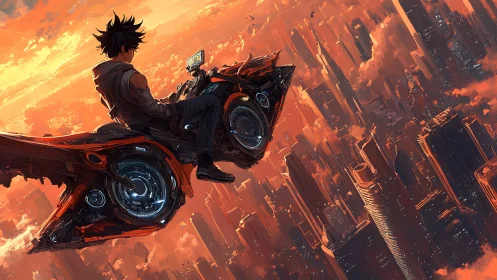 Skyline drifter on a neon glider above ember clouds.