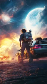 Time traveler observes cosmic rift beside retro car portal.